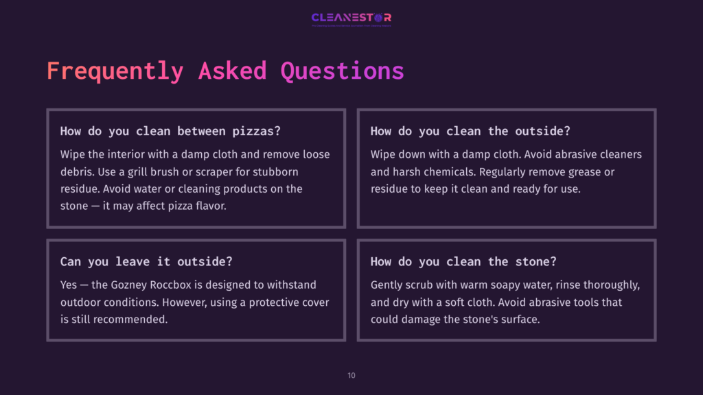 Q&Amp;A Layout With Purple Headings; Contains Cleaning Tips For A Roccbox, Emphasizing Interior, Exterior, And Stone Care Instructions.