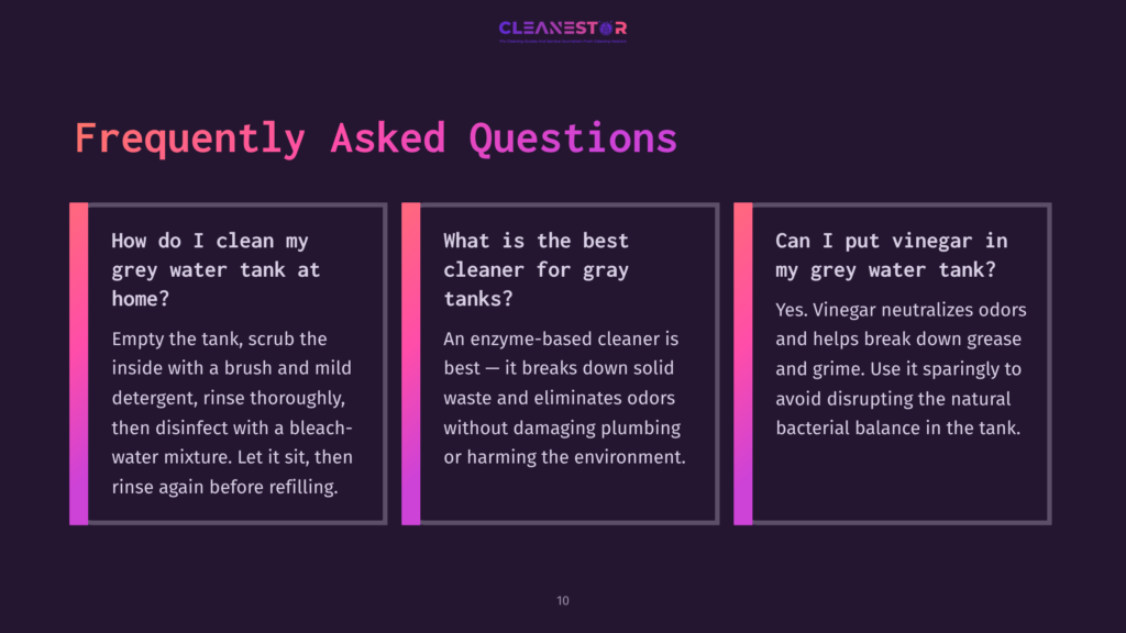 A Dark Purple Slide Featuring Three Sections With Faqs About Cleaning Gray Water Tanks, Highlighted With Pink And White Text.