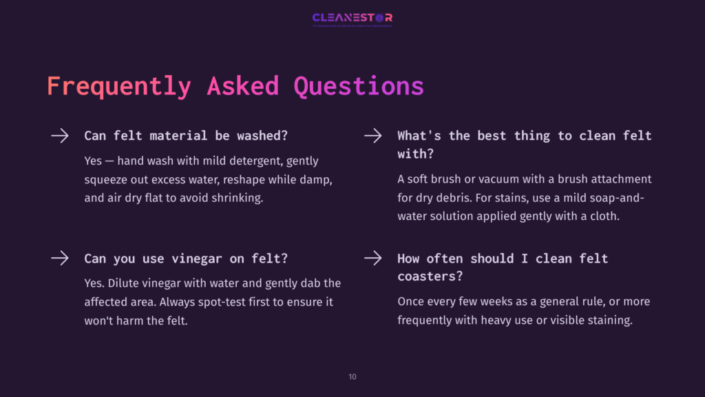 Text On A Purple Background With White And Light Purple Font, Featuring A Layout Of Questions And Answers About Cleaning Felt Coasters.