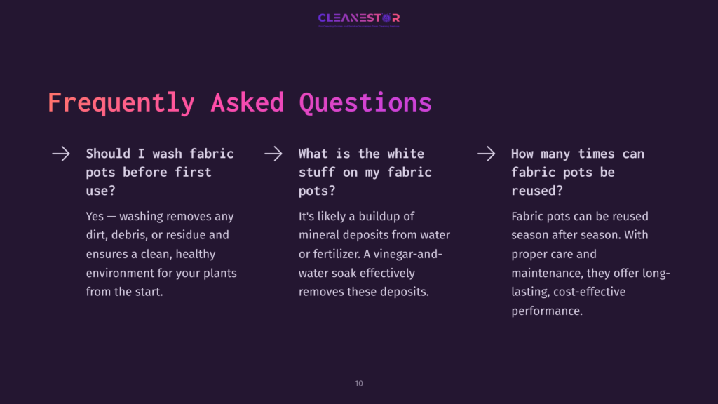 10 Frequently Asked Questions 19 White Text On A Dark Purple Background Features Faqs About Cleaning Fabric Pots, With Three Questions Clearly Laid Out In A Structured Format.
