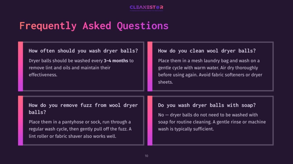 Four Colorful Panels Displaying Frequently Asked Questions About Cleaning Dryer Balls, With Text In White And Purple Against A Dark Background.