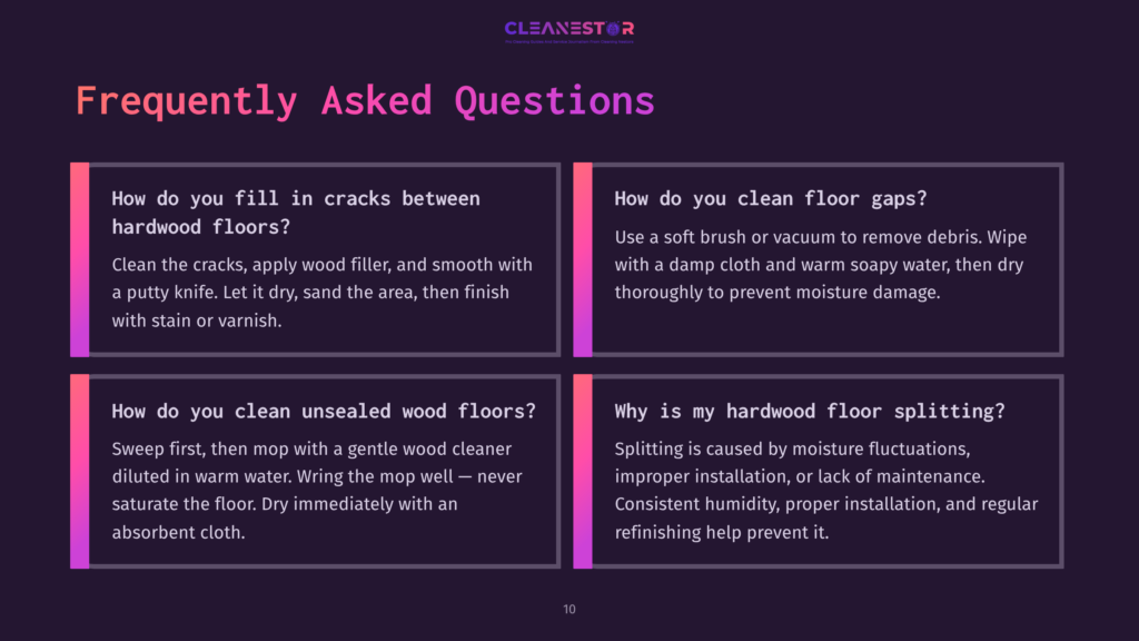 Text-Filled Infographic With A Dark Background, Outlining Faqs About Cleaning Hardwood Floors, Featuring White And Purple Text Boxes.