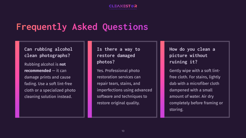 Text-Based Faq Section With A Dark Background, Featuring Purple And White Fonts Discussing Cleaning And Restoring Damaged Photos.