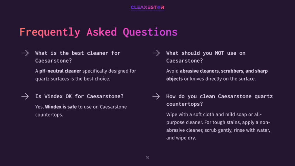 Text On A Dark Background With Bullet Points Discussing Caesarstone Cleaning, Featuring White And Purple Fonts, And A Clean Layout.