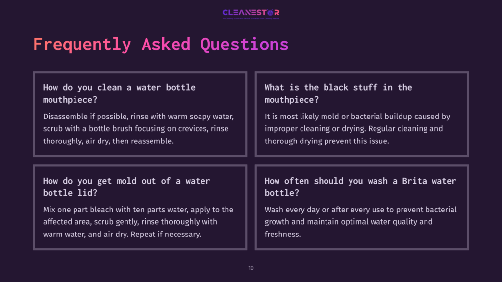 Four Text Boxes With White Text On A Dark Background Answer Faqs About Cleaning Water Bottles And Mouthpieces, With A Purple Accent.