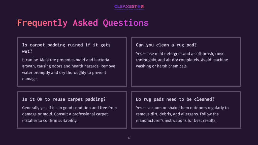 Textbox With Faqs About Carpet Padding Care On A Purple Background, Featuring White Text And Simple Graphic Icons For Clarity.