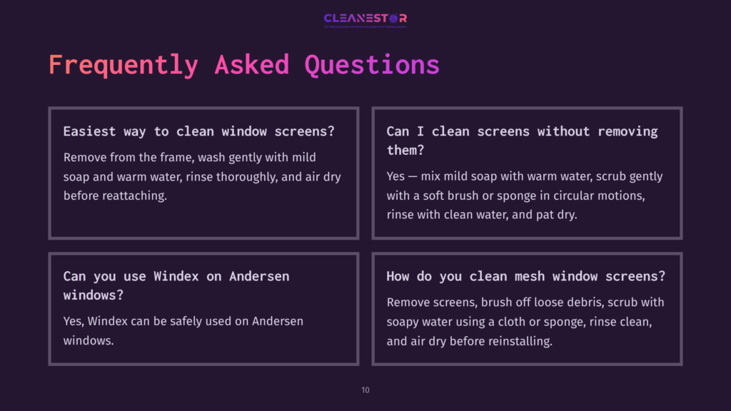 10 Frequently Asked Questions 26 Four-Text Boxes With White Backgrounds Present Faqs About Cleaning Andersen Window Screens, Featuring Purple Accents And Clear, Concise Answers.