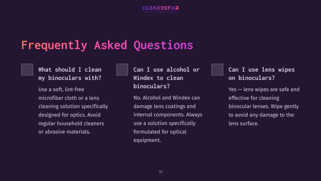 Two Columns Of Text On A Dark Purple Background With A Faq Format, Addressing Materials And Methods For Cleaning Binoculars.