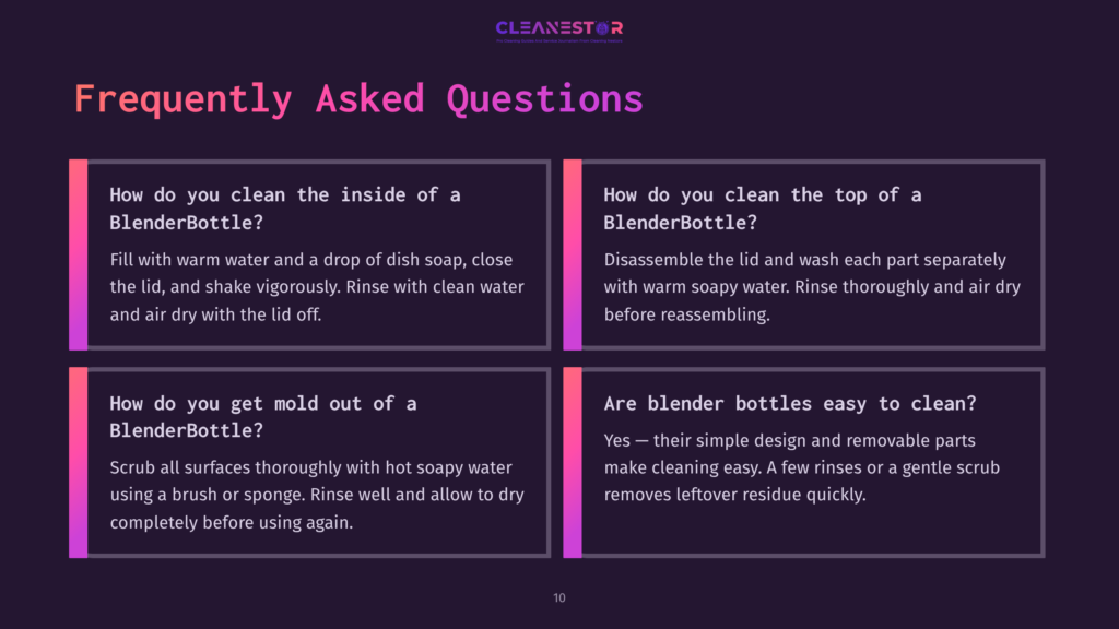 Four Rectangular Sections Containing Text, Set Against A Dark Purple Background, With White And Pink Headings Detailing Blender Bottle Cleaning Faqs.