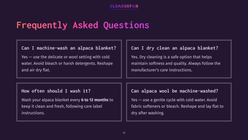 Four Text Boxes With Faqs About Cleaning Alpaca Blankets, Featuring A Purple Background And White Text, With Clear, Organized Layout.