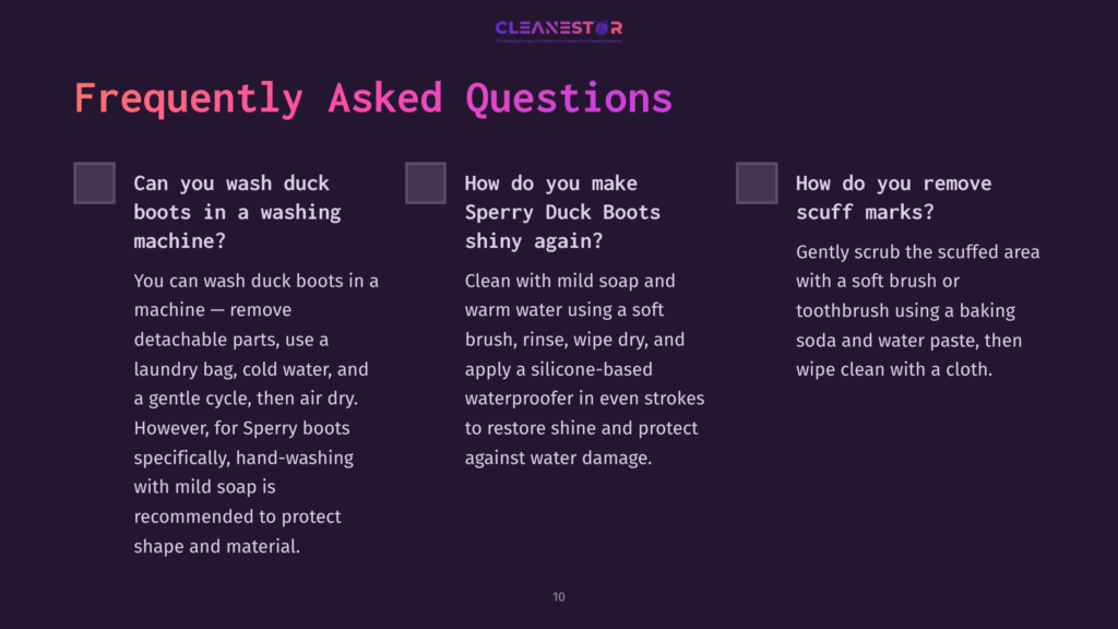 10 Frequently Asked Questions 3 Two Columns Of Text With Faqs On Cleaning Sperry Duck Boots. The Layout Includes Checkboxes, Using Dark Text On A Light Background.