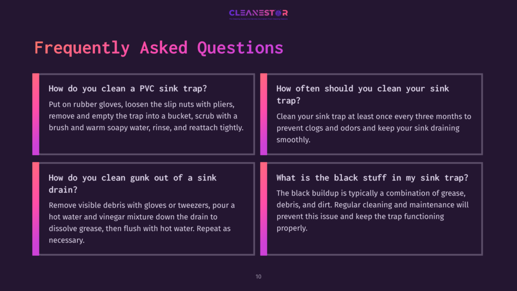 A Text Layout With A Dark Background And Purple Accents Featuring Faqs About Cleaning Sink Traps, Including Methods And Frequency.