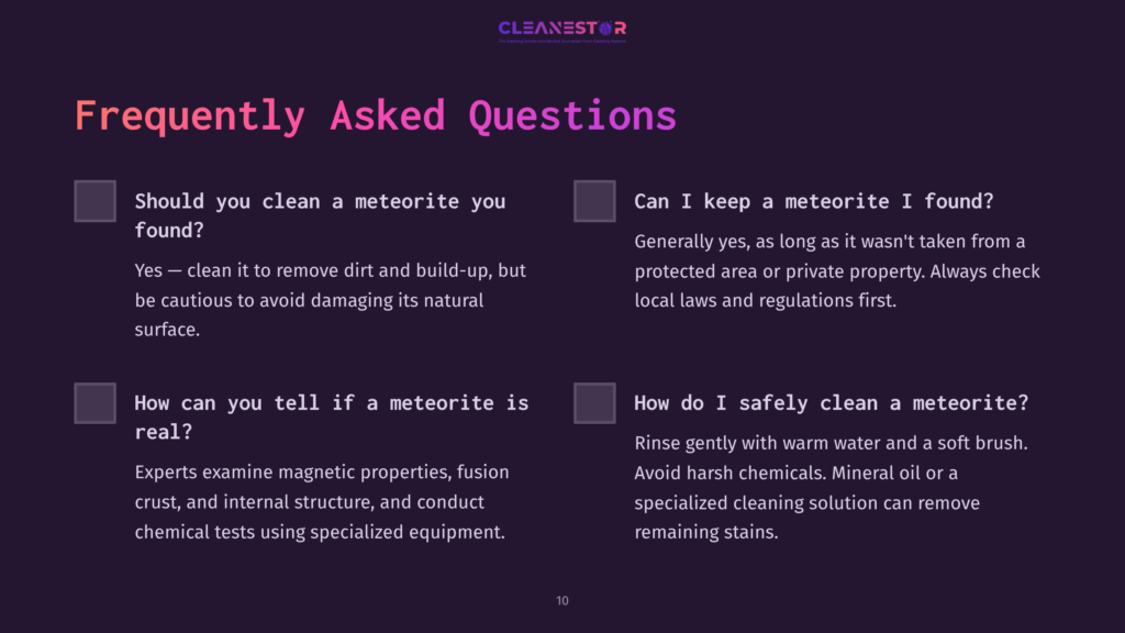 Faqs Section Featuring Questions About Cleaning A Meteorite, With Checkboxes And A Purple Background, Black Text, And Orange Accents.