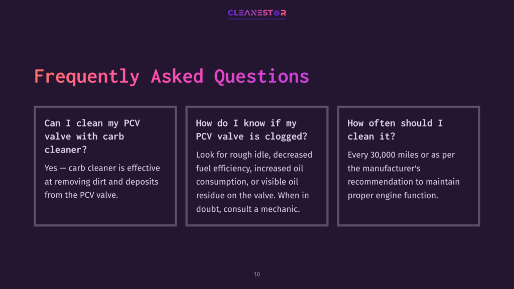 Glossy Purple Background Featuring Three Text Boxes With White Headings And Black Descriptions, Discussing Pcv Valve Maintenance Faqs.