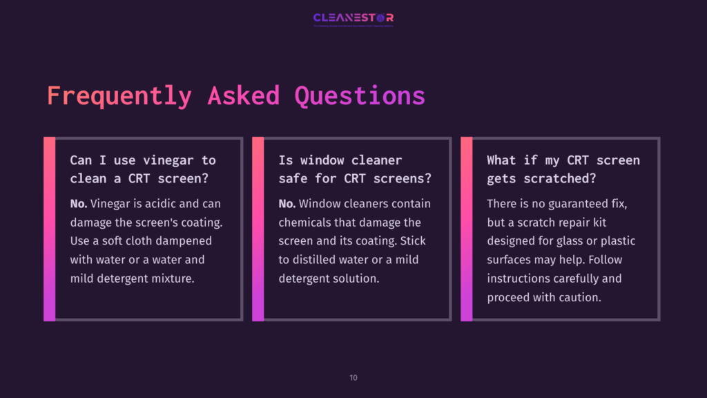 Four Colorful Text Boxes On A Dark Background, Answering Faqs About Cleaning Crt Screens, Including Vinegar And Window Cleaner Safety.