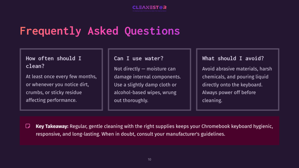 Three Faq Boxes Arranged Vertically On A Dark Purple Background, Featuring White Text And Colorful Accents, Addressing Chromebook Keyboard Cleaning.