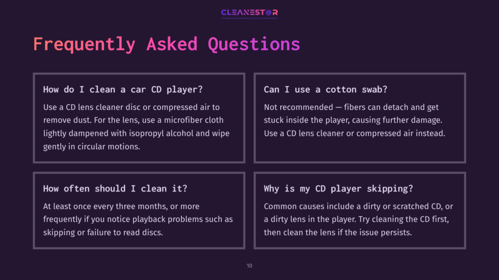 10 Frequently Asked Questions 38 Four Squares Of Text With White And Purple Backgrounds Addressing Faqs About Cleaning Car Cd Players, With Clear Guidelines And Tips.