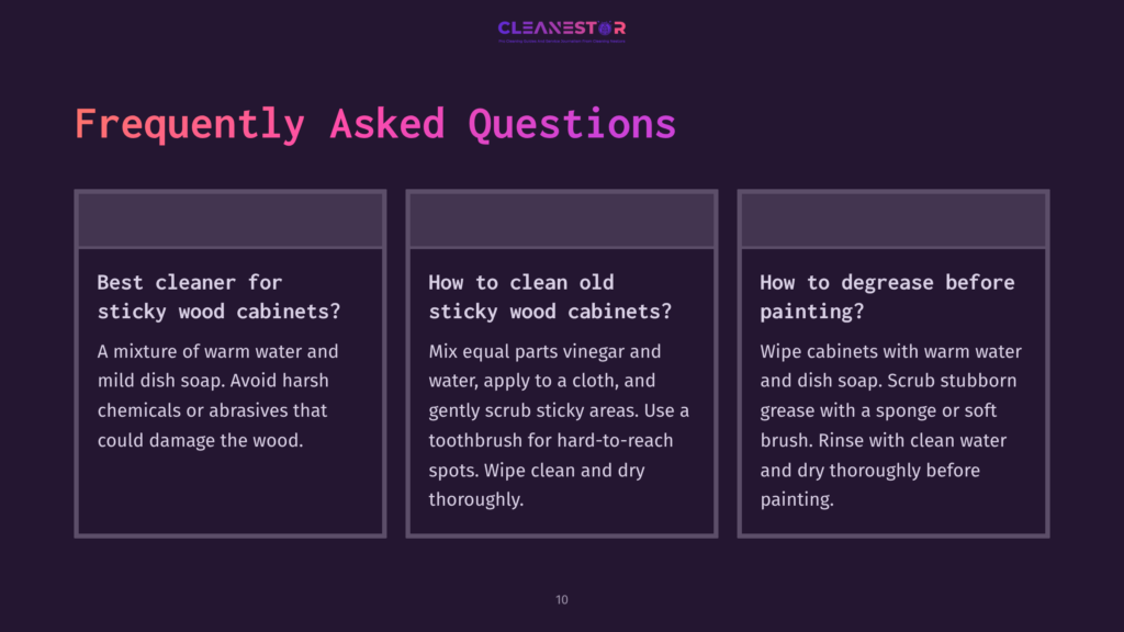 Three White Text Boxes On A Dark Purple Background, Each Containing Faqs About Cleaning And Maintaining Wood Kitchen Cabinets.