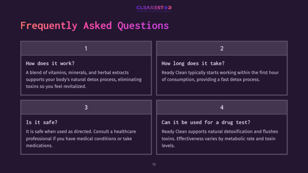 10 Frequently Asked Questions 41 A Dark Purple Slide With The Text &Quot;Cleanestor&Quot; At The Top, And A Frequently Asked Questions Section With Four Boxes. The Boxes Contain Questions Like &Quot;How Does It Work?&Quot; And &Quot;How Long Does It Take?&Quot;.