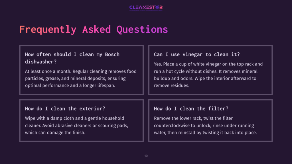A Dark Purple Background With The Text &Quot;Frequently Asked Questions&Quot; In Large, White, Bold Lettering. Below, A Grid Of Four White Boxes With Rounded Corners Contain Text About Cleaning A Bosch Dishwasher, Exterior, And Filter, And Using Vinegar For Cleaning.