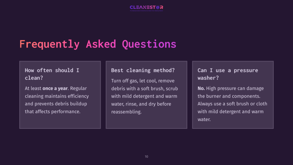 Dark Purple Background With The Title &Quot;Frequently Asked Questions&Quot; In Large Pink Text. Three White Boxes With Rounded Corners Contain Text About Cleaning Frequency, Methods, And Pressure Washers, With A Cleanestar Logo At The Top.