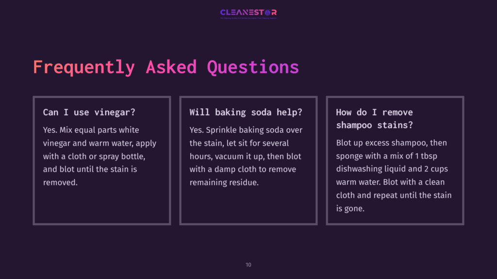 Three Faq Boxes On A Dark Purple Background, Featuring White Text With Questions And Answers Regarding Vinegar, Baking Soda, And Shampoo Stain Removal.