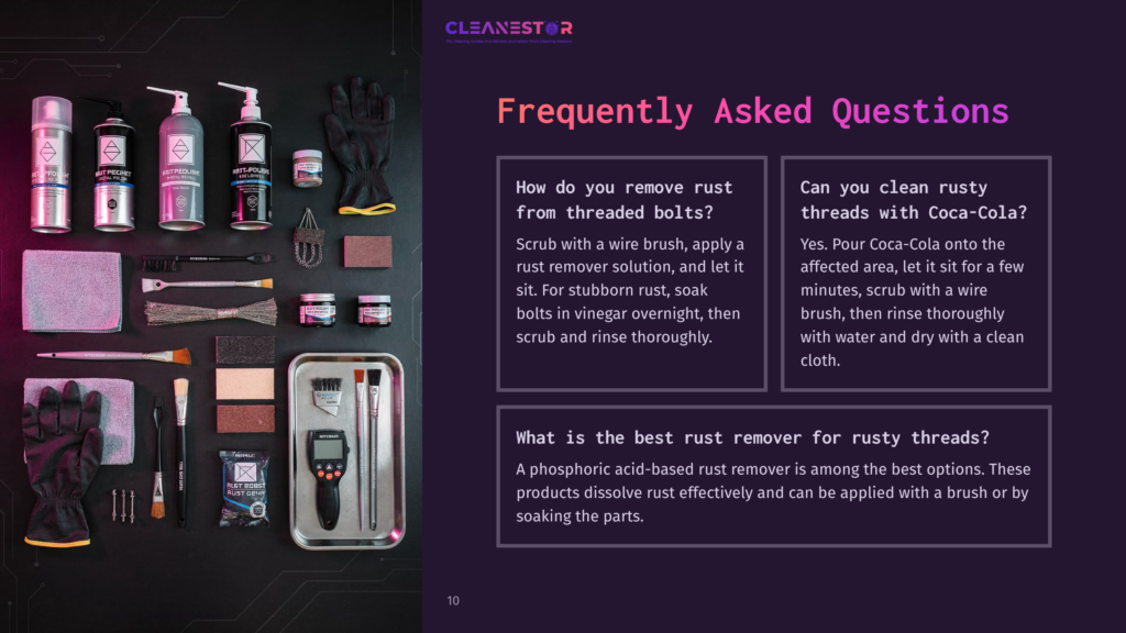 Flat Lay Of Various Rust Removers, Cleaning Tools, And Gloves On A Dark Background, With Text &Quot;Cleanestor&Quot; And &Quot;Frequently Asked Questions&Quot; Visible.