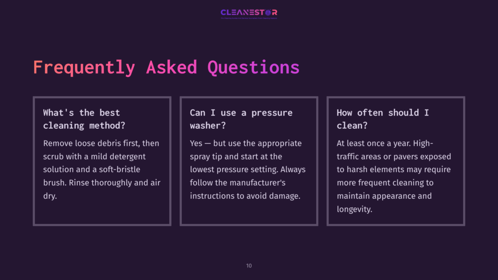 Frequently Asked Questions About Cleaning Methods, Pressure Washing, And Cleaning Frequency. The Text &Quot;Cleanestor&Quot; Is Visible At The Top.