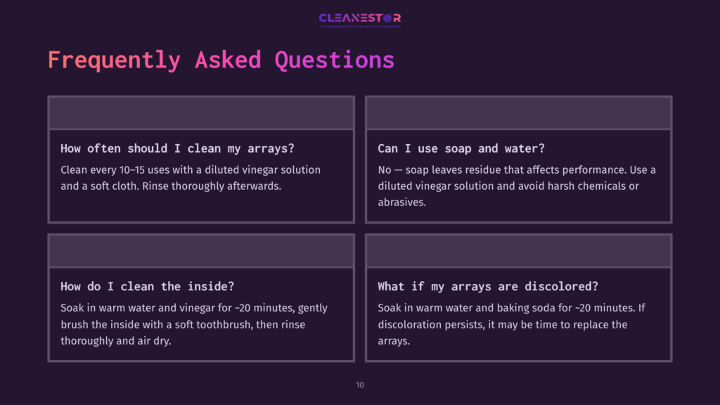 Frequently Asked Questions About Cleaning Arrays: How Often Should I Clean My Arrays? Can I Use Soap And Water? How Do I Clean The Inside? What If My Arrays Are Discolored?