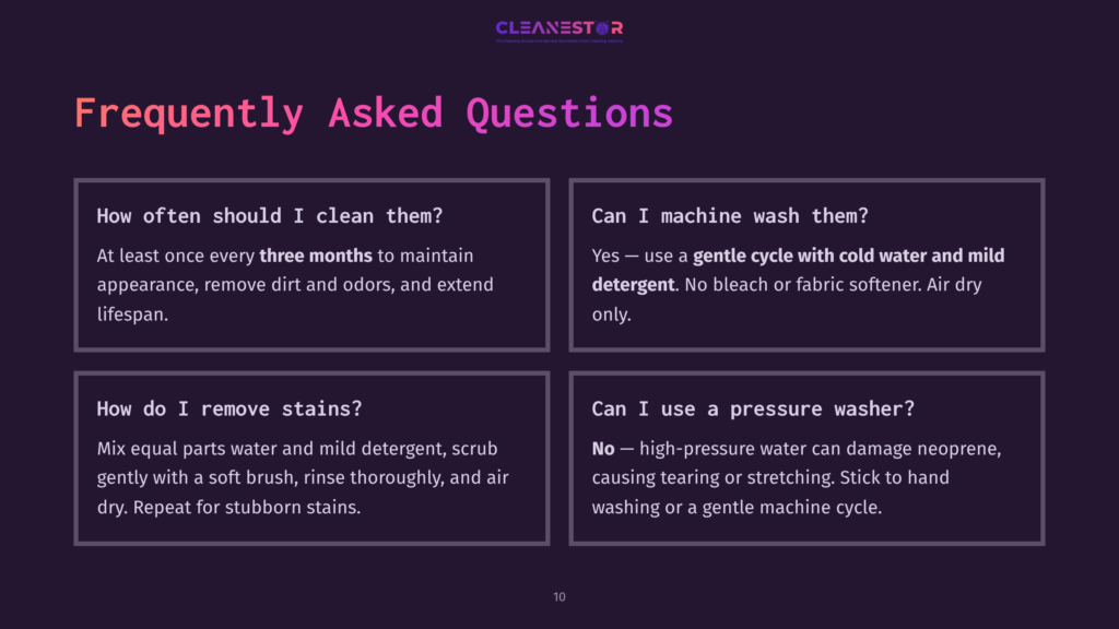 Frequently Asked Questions About Cleaning And Care For Cleanestor Products, Covering Cleaning Frequency, Stain Removal, Machine Washing, And Pressure Washer Use.