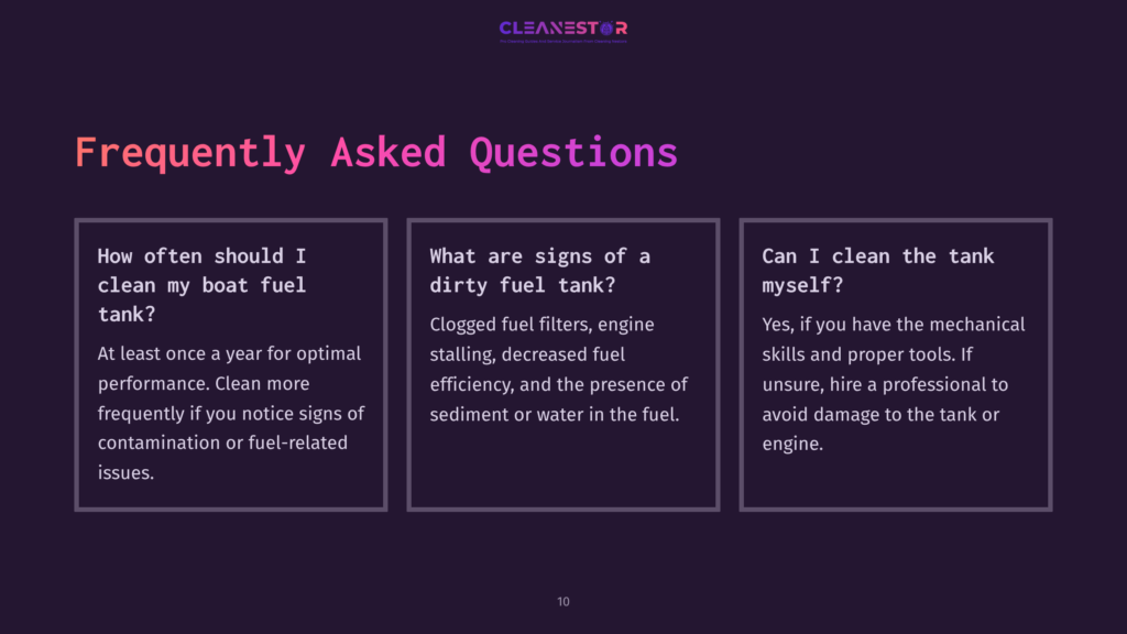 A Dark Purple Background With Three Text Boxes. The Top Box Has &Quot;Cleanestor&Quot; In White Text With A Purple Gradient. The Middle Box Has &Quot;Frequently Asked Questions&Quot; In Large White Text. The Three Bottom Boxes Contain Questions And Answers About Cleaning Boat Fuel Tanks.