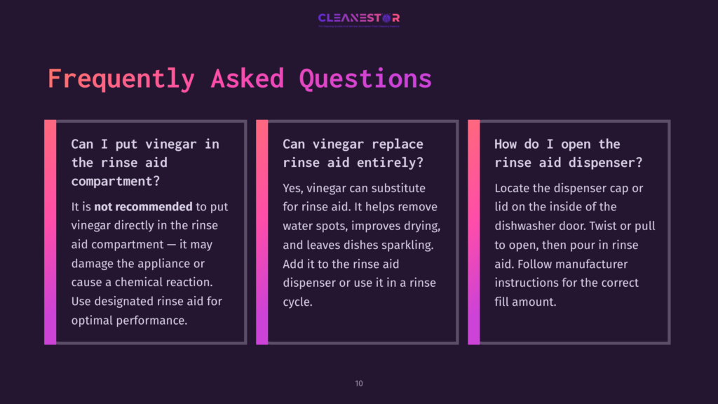 Three Blocks Of Text On A Dark Background, Featuring Pink And White Headings, Discussing Vinegar'S Role In Rinse Aid Use.