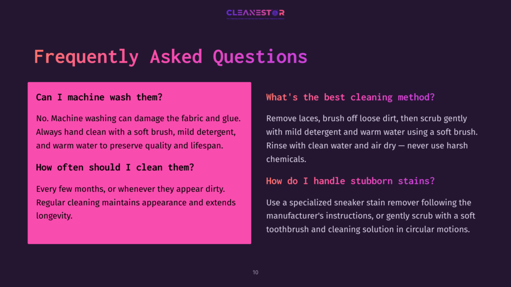 Frequently Asked Questions About Cleaning Sneakers: Can I Machine Wash Them? How Often Should I Clean Them? What'S The Best Cleaning Method? How Do I Handle Stubborn Stains? The Text Is Displayed On A Dark Purple Background With A Pink Section On The Left.