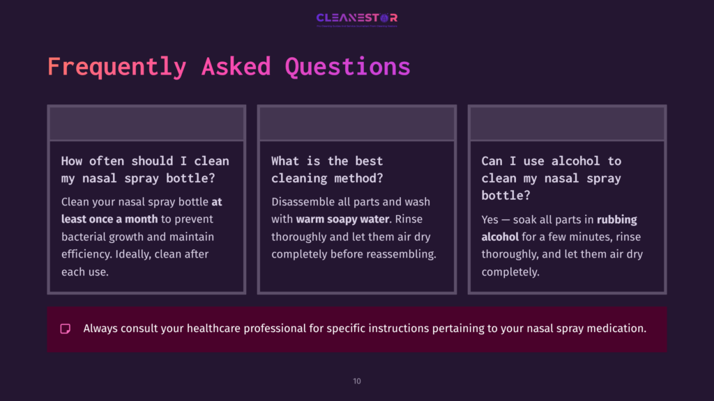 Frequently Asked Questions About Nasal Spray Bottle Cleaning: How Often To Clean, Best Cleaning Method With Warm Soapy Water, And Using Alcohol For Cleaning.