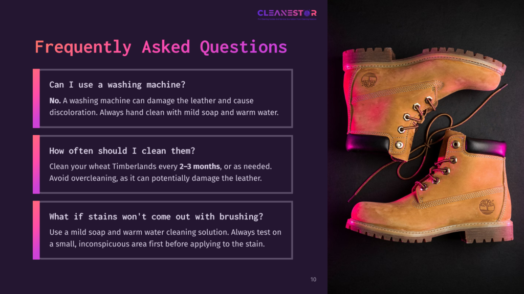 Two Tan Timberland Boots Are Displayed On A Dark Background, With One Boot Upright And The Other Lying On Its Side. The Text &Quot;Cleanestor&Quot; And &Quot;Frequently Asked Questions&Quot; Is Visible On The Left.