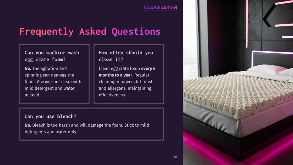 A White Egg Crate Foam Mattress Topper With A Textured Surface Rests On A Dark Bed Frame, Illuminated By Vibrant Pink Neon Lights. Text On The Left Side Of The Image Discusses Cleaning And Maintenance Of Egg Crate Foam.