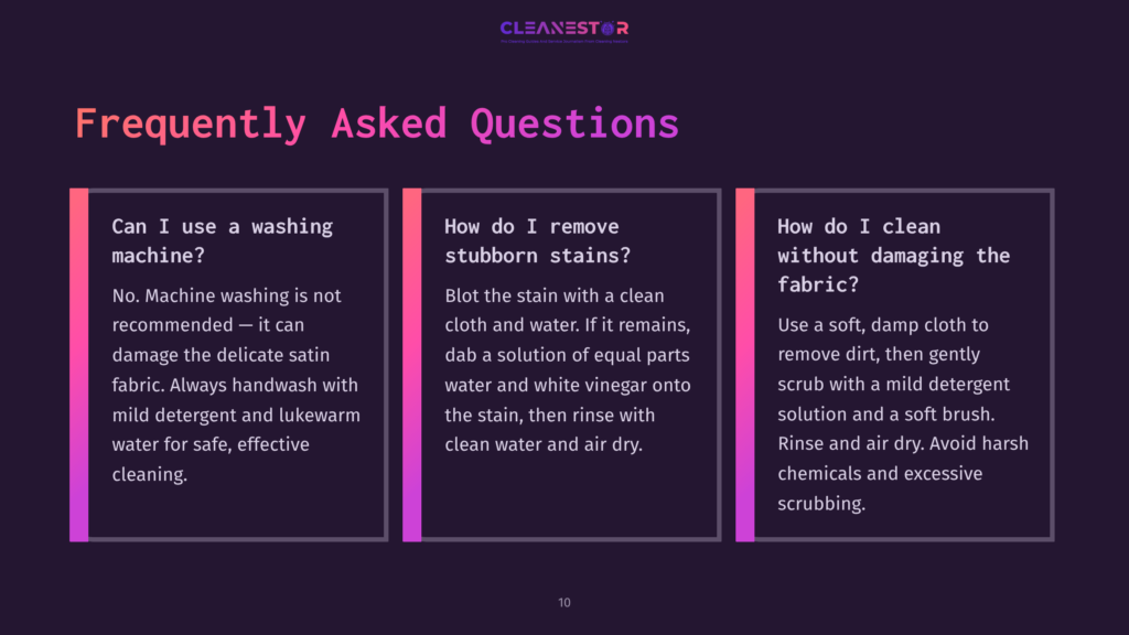 Frequently Asked Questions About Fabric Care From Cleanestor. Three Columns Detail Cleaning Advice: Handwashing, Removing Stubborn Stains With Vinegar, And Gentle Cleaning Without Damaging Fabric.