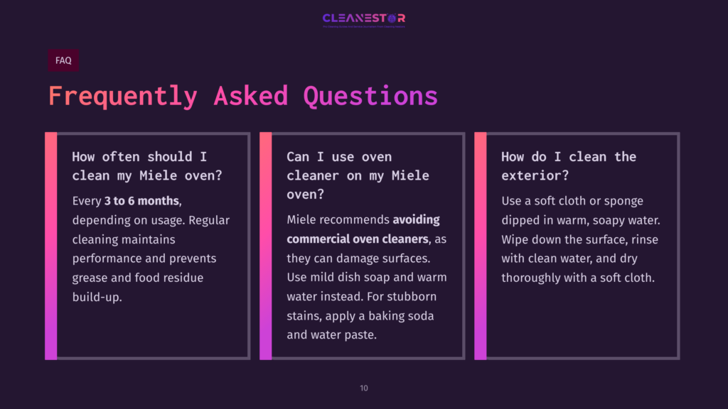 Frequently Asked Questions About Cleaning Miele Ovens, Covering Cleaning Frequency, Using Oven Cleaner, And Exterior Cleaning. The Text Is Displayed On A Dark Purple Background With A Pink Gradient Sidebar.