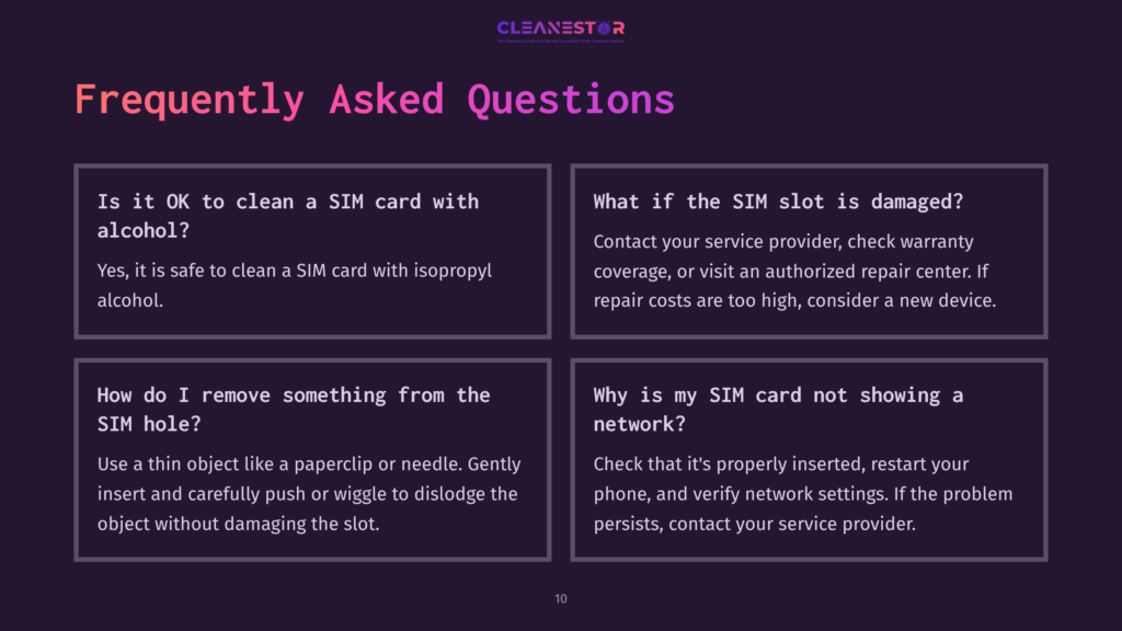 10 Frequently Asked Questions 7 Purple And White Text Layout Displaying Faqs About Sim Card Cleaning, Removal, And Troubleshooting, With Bullet Points For Clarity.