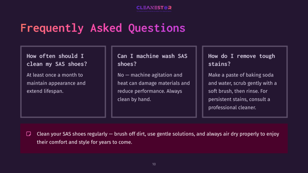 Three Columns Of Text With Faqs About Cleaning Sas Shoes, Featuring A Pink And Dark Blue Color Scheme With Icons And Clear Headings.
