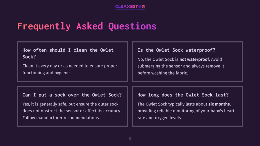 Four Text Boxes With Questions And Answers About Cleaning The Owlet Sock, Featuring A Dark Background With Pink And White Text.