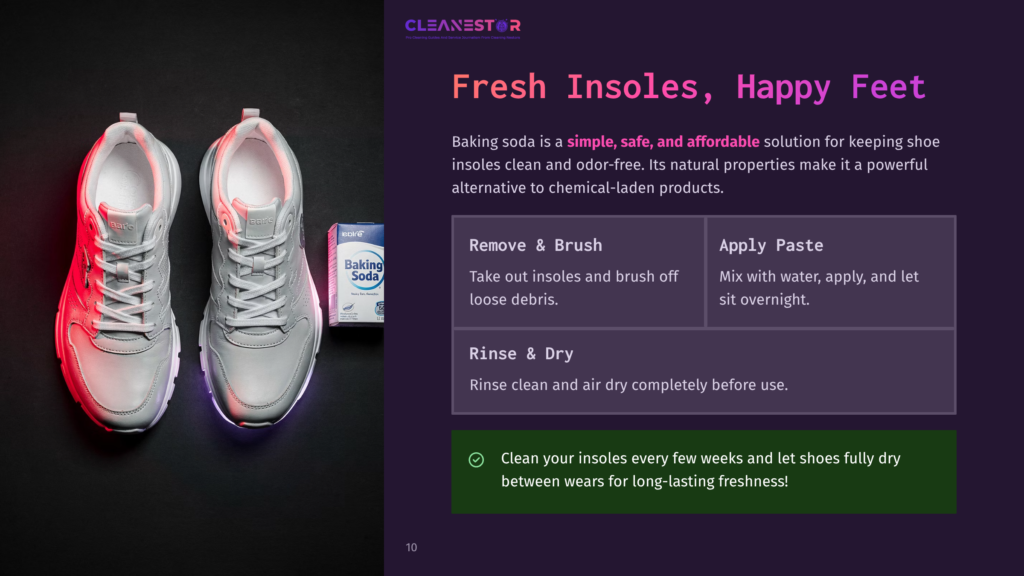 Two Clean, Light Gray Athletic Shoes Are Displayed Against A Dark Background, With A Box Of Baking Soda And A Graphic Detailing How To Clean Insoles With Baking Soda.