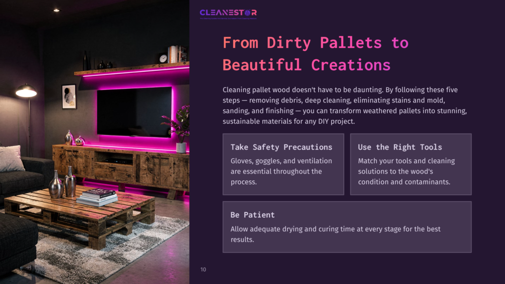 A Wooden Pallet Table With A Purple-Lit Background, Showcasing Cleaning Tips And Safety Precautions For Woodworking Projects.