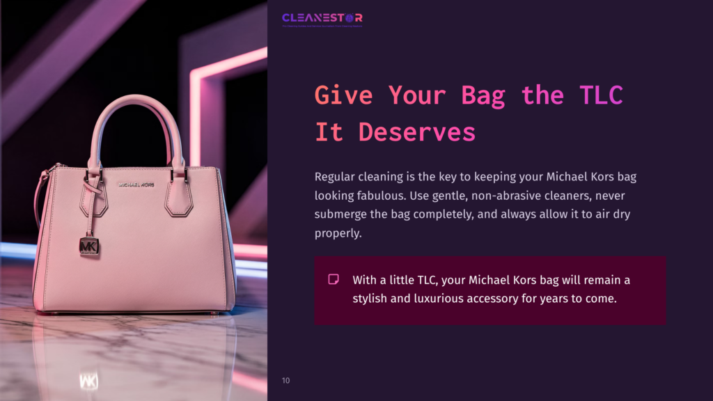 Light Pink Michael Kors Handbag Sits On A Sleek Surface With A Geometric Background In Purple And Pink Hues.