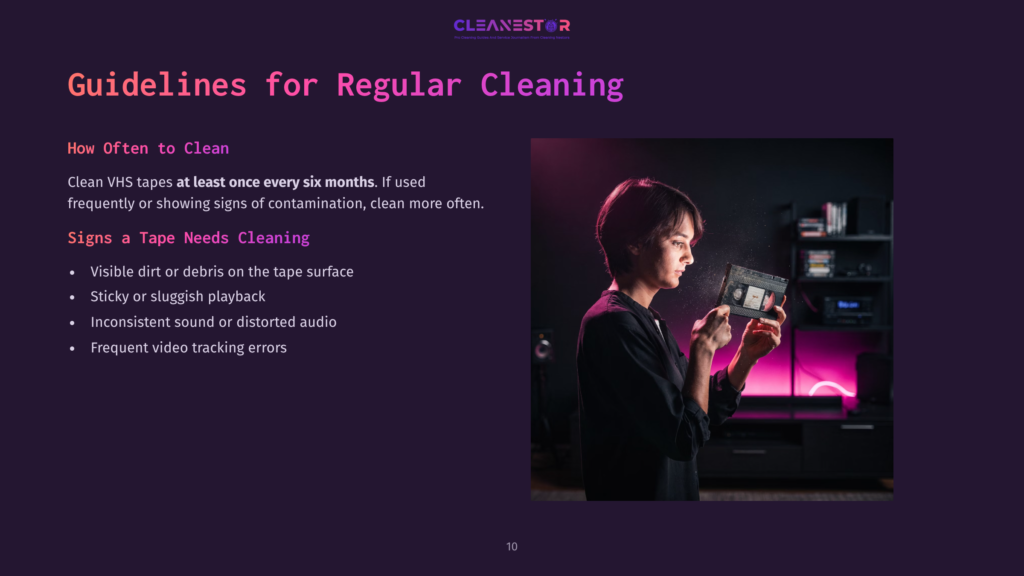 10 Guidelines For Regular Cleaning A Young Person Examines A Vhs Tape In A Dimly Lit Room With Neon Pink Lighting, Dust Motes Visible In The Air, And Shelves With Electronics In The Background.