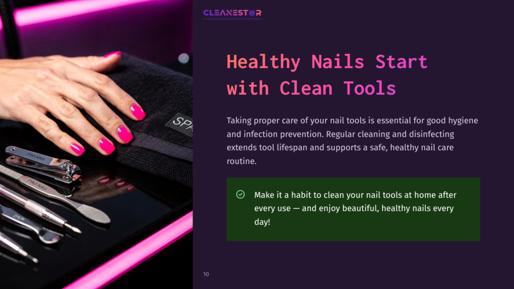 Close-Up Of A Woman&Amp;Apos;S Hands With Bright Pink Gel Nails, Holding Clean Nail Tools Including A Cuticle Pusher, Nail File, And Clippers, On A Dark Reflective Surface Next To A Black Towel With &Quot;Spa&Quot; Printed On It.