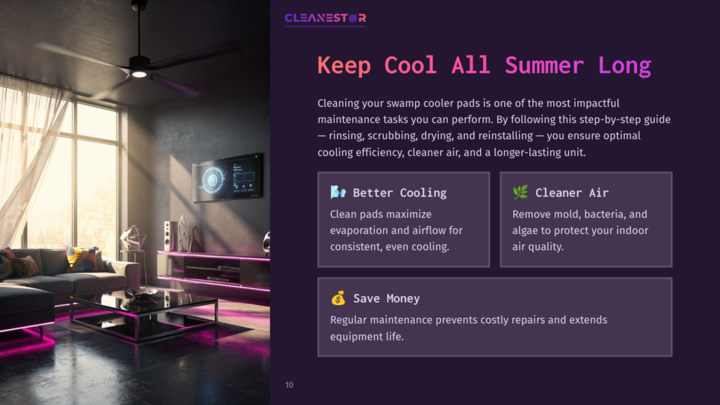 10 Keep Cool All Summer Long Cleanestor Logo And &Quot;Keep Cool All Summer Long&Quot; Text Above A Modern Living Room With A Large Tv, Couch, And Ceiling Fan, Promoting Swamp Cooler Maintenance.