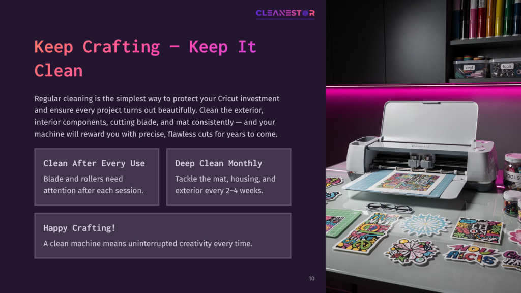 10 Keep Crafting Keep It Clean A Cricut Cutting Machine Is Open On A Craft Table, With A Colorful Paper Project On The Mat. Nearby Are Craft Supplies Like Stickers And Jars. The Text &Quot;Keep Crafting - Keep It Clean&Quot; Is Overlaid On The Left Side Of The Image.
