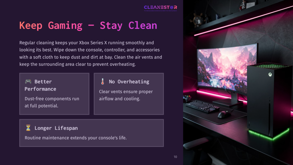 A Sleek Xbox Series X Console Stands On A Desk Next To A Colorful Gaming Monitor, With A Tidy Workspace And Pink Led Lighting.
