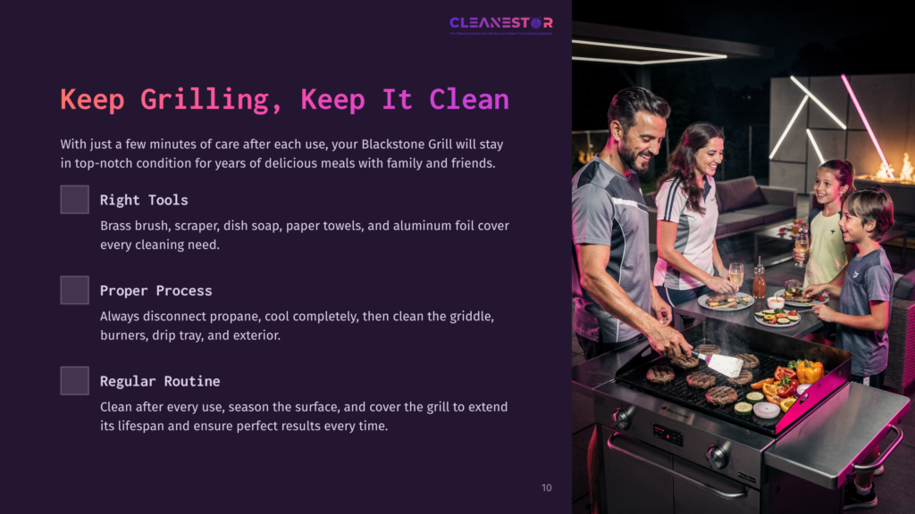 A Family Enjoys Grilling On A Blackstone Grill Outdoors At Night, With Food On The Grill And A Warm Fire In The Background. Text Overlay Reads &Quot;Cleanestor&Quot;.
